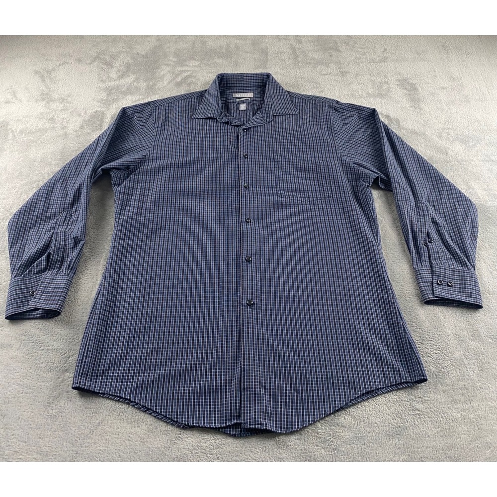 Van Heusen Mens Fitted Wrinkle Free Button Down Shirt Blue Grid 16.5 32/33